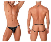 Black patent leather thong with gold-tone hardware and small brand tag on the side candyMan 99741 gloss jockstrap