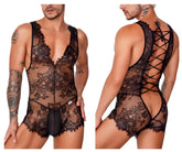 CandyMan 99743 black lace bodysuit with floral patterns and back tie design showing the back side of the product