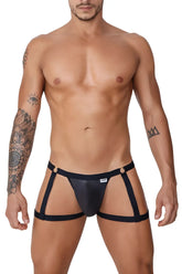 Black leather-like CandyMan 99749 garter jockstrap with four side straps and small white brand tag on the front