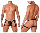 Black leather thong garter jockstrap with adjustable side straps and gold-tone hardware from candyman