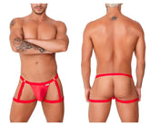 Candyman 99749 garter jockstrap in red sheer mesh with elastic straps and side brand tag for men