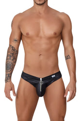 Black faux leather thong jockstrap with central zipper and silver metal ring candy man 99753 fringe design