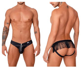 Black faux leather thong jockstrap with front zipper and back fringe detailing candyMan 99753 in black shown from back