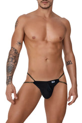 Black CandyMan 99756 fringe thong with gold trim and small tassel at front made of soft fabric
