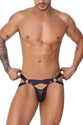 Black leather-like CandyMan 99761 jock g-string with adjustable straps and circular metal rings visible from the back side