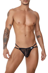 CandyMan 99762 black sheer lace thong with thin adjustable straps and small brand tag visible on front side
