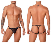 Black sheer lace thong with black elastic straps and a small white CandyMan brand tag on the front