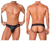 Black candyMan 99763 lace jockstrap with glossy finish and lace trim in smooth fabric for men