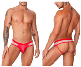 CandyMan 99763 lace jockstrap in nude red mesh briefs with bold red waistband and beige detailing
