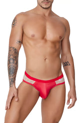 Candyman 99763 lace jockstrap in nude-red with red mesh briefs solid waistband and sheer lace trim front view