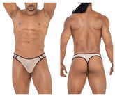 Beige candyman 99767 sports mesh thong with black trim and logo on the waistband showing the front side