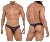 Black mesh thong with solid front panel and white logo on left hipband from candyMan 99767 sports mesh thongs