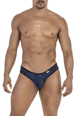 Navy CandyMan 99767 sports mesh thong briefs with black trim and central circular cutout in navy blue mesh material