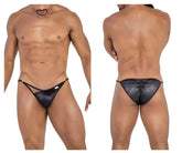 CandyMan 99768 peekaboo bikini black faux leather thong with ruched back and thin side ties showing back side