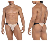 Beigemesh thong with black elastic waistband featuring lace design from CandyMan 99771 collection front view