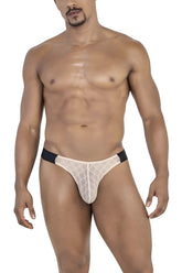 Beigе lace thong with black elastic waistband from candyman 99771 mesh thongs collection shown from front side