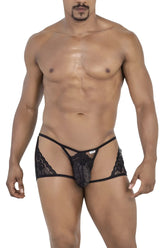 Black lace thong CandyMan 99773 with intricate floral patterns and central mesh panel in color black