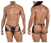 CandyMan 99773 black lace thong with sheer mesh design and adjustable back ties shown from the back side