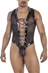 Black sheer mesh CandyMan 99774 gladiator bodysuit with shiny black lace-up front and metallic silver hardware