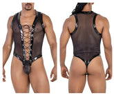 Black translucent CandyMan 99774 gladiator bodysuit with shiny black lace-up front and trim