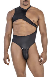 Black glossy faux leather CandyMan 99783 one shoulder bodysuit with high neckline and studded asymmetrical cutouts