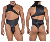 Black shiny latex CandyMan 99783 one shoulder bodysuit with cut-out design and silver studs front view