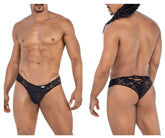 Back side of candyman 99784 black lace men’s briefs with a distinctive back tie design