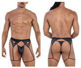 Black shiny faux leather thong with heart cutouts and matching leg straps from Candyman 99785 garter outfit