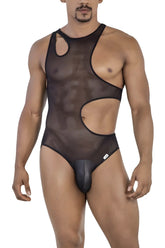 Black CandyMan 99788 mesh bodysuit with sheer fabric bold cutout design and solid black briefs front view