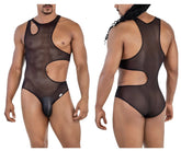 CandyMan 99788 black sheer mesh one-piece with cutout details and solid brief-style bottom front view