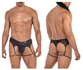 CandyMan 99792 black men’s garter thongs with black mesh and solid fabric and adjustable straps visible from the back