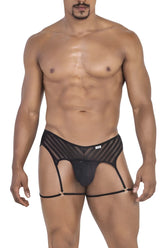 CandyMan 99792 mesh garter thongs in black feature black mesh and solid fabric briefs with a supportive strappy design