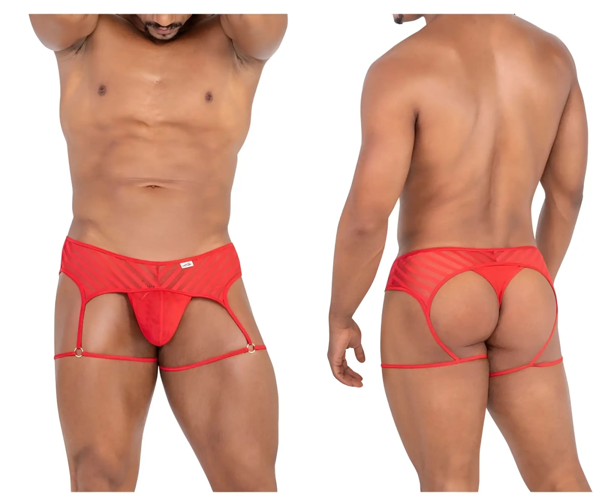 Red CandyMan 99792 mesh garter thongs men’s briefs with sheer fabric garter straps and central pouch