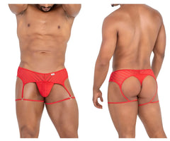 Red CandyMan 99792 mesh garter thongs men’s briefs with sheer fabric garter straps and central pouch