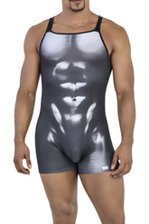 Black and white CandyMan 99796 muscle onesie bodysuit with detailed abdominal muscle graphic design