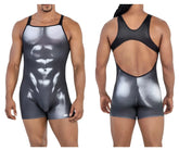 Black and silver gradient CandyMan 99796 muscle onesie bodysuit with detailed abdominal muscle print in black-white
