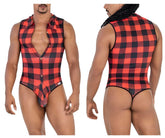 Red and black plaid CandyMan 99800 lumberjack bodysuit with button-front collar design for casual wear