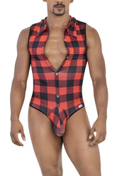 CandyMan 99800 lumberjack bodysuit red one-piece swimsuit with red and black plaid shirt collar and button-front design