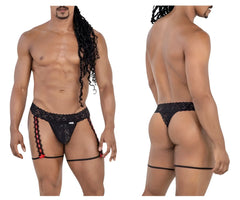 Black lace thong with red decorative trim and matching garter straps candyMan 99803 lace garter thongs color black