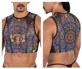 CandyMan 99805 stained glass tank top in black with angelic figure floral and geometric patterns on sheer mesh