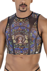 CandyMan 99805 stained glass tank top black print with angelic figure and blue gold patterns on sheer mesh base