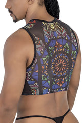 Black mesh CandyMan 99805 crop top with vibrant stained glass window print in blue green orange and gold hues