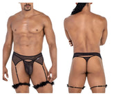 Black candy man 99806 mesh garter outfit featuring sheer fabric feathered cuffs and gold tone hardware detail