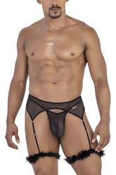 Black CandyMan 99806 mesh garter belt with sheer fabric feathered cuffs and gold-tone hardware accents