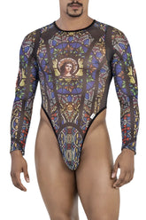 CandyMan 99814 stained glass bodysuit in black with blue gold and brown stained glass inspired long sleeve print