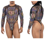 Stylish candyMan 99814 stained glass bodysuit in black with vibrant blue gold green stained-glass mesh design