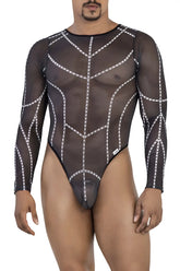 Black sheer long-sleeved candyMan 99816 mesh bodysuit with white chain-link pattern in black color