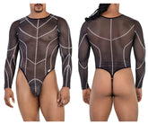 Black candyMan 99816 mesh bodysuit with long sheer sleeves and white chain detailing front view