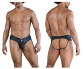 Black leather-like men’s briefs with central pouch and gold-tone hardware candyMan 99817 bulge jockstrap black