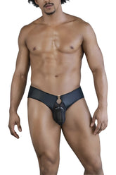 Black leather-like men’s thong with central pouch and metallic ring detail candy man 99817 bulge jockstrap